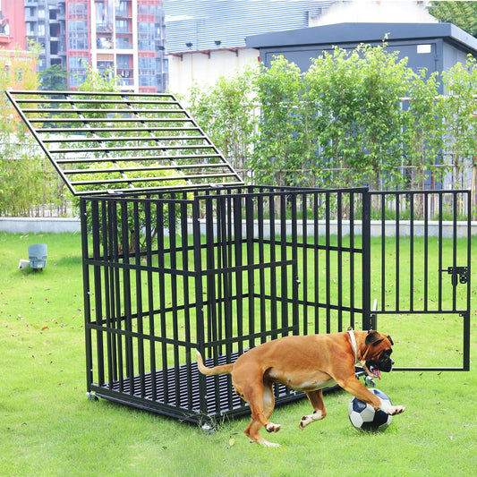 XXL Heavy Duty Dog Crate with 4 Lockable Wheels 3 Doors and Removable Tray Metal Cage Playpen