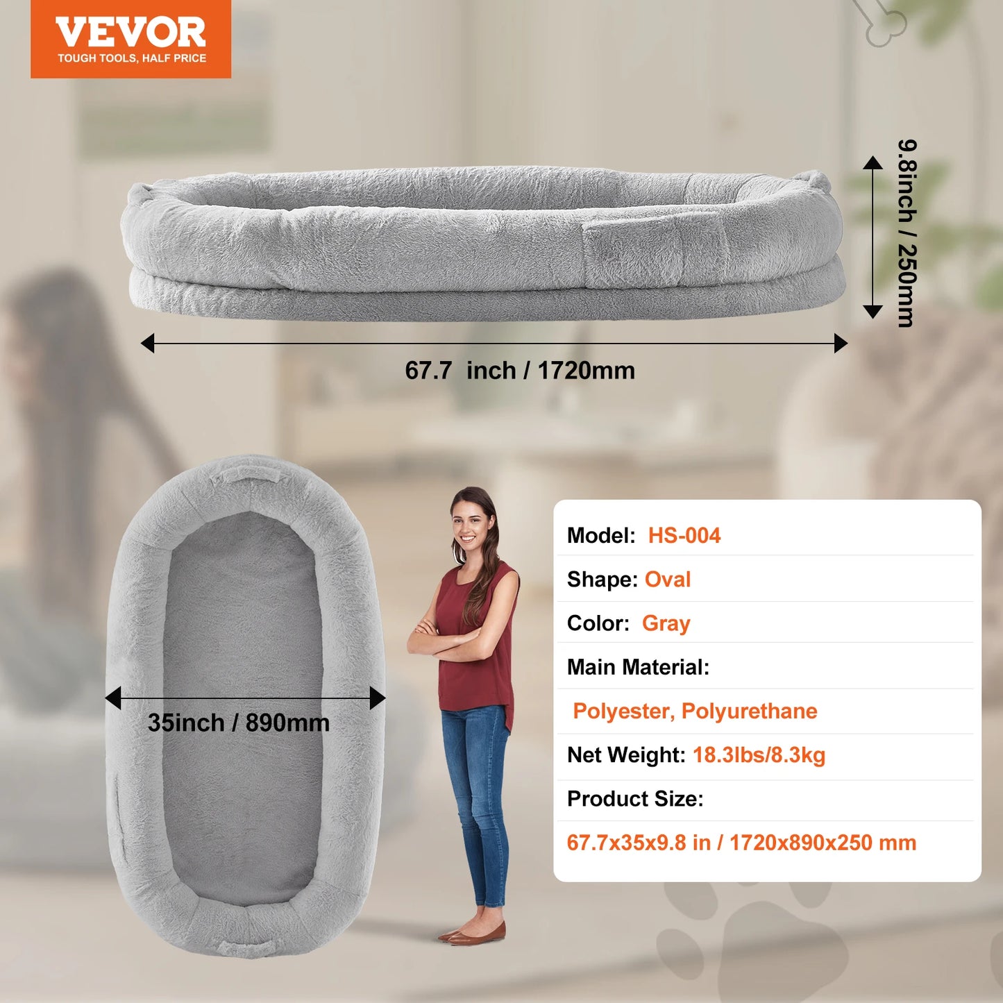 Human Dog Bed for Adult Human Size Dog with Washable Faux Rabbit Fur Cover Egg Orthopedic Foam Grey