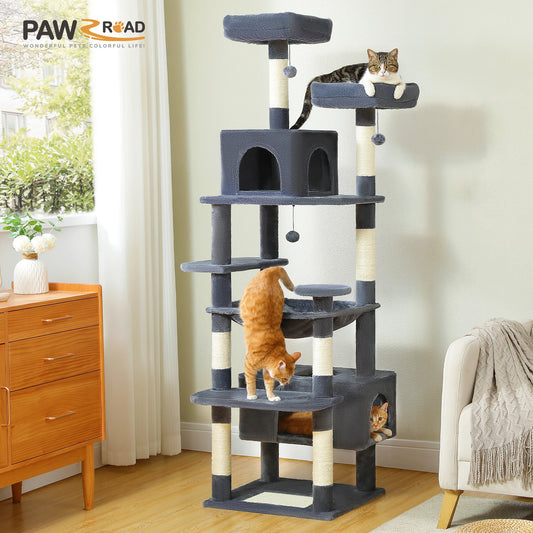 This Large Cat Tree and Tower is perfect for indoor cats to play, climb, and relax. Featuring sisal-covered scratching posts, spacious hammocks, padded perches, cozy condos, and engaging cat toys, it provides endless entertai