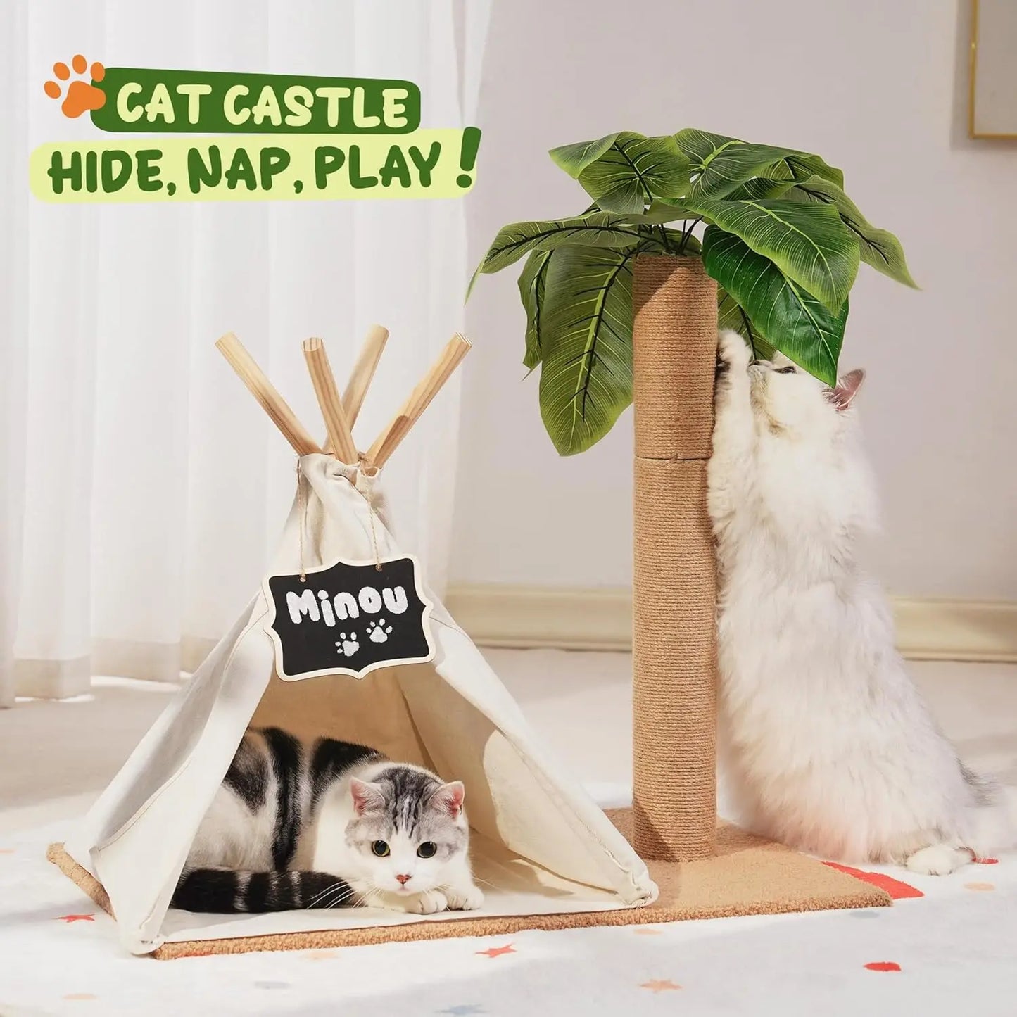 This 60cm tall Cat Scratching Post Teepee combines play, rest, and style in one unique design. Featuring simulated leaves, a sturdy scratcher post, and a cozy bed tent, it’s the perfect indoor retreat for your cat to scratc