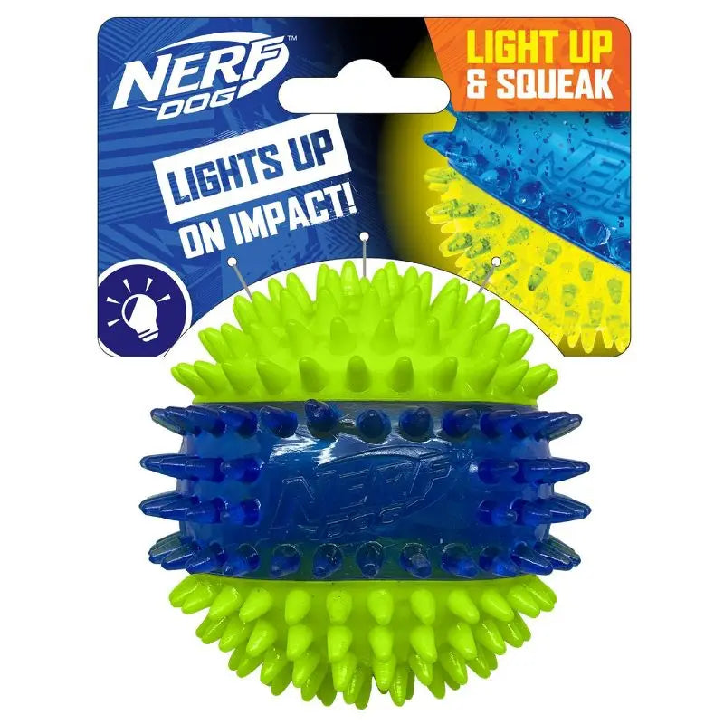 LED Light Up Squeaky Ball Dog Toy with Dental Spikes Soft Interactive Night Play Fetch Game
