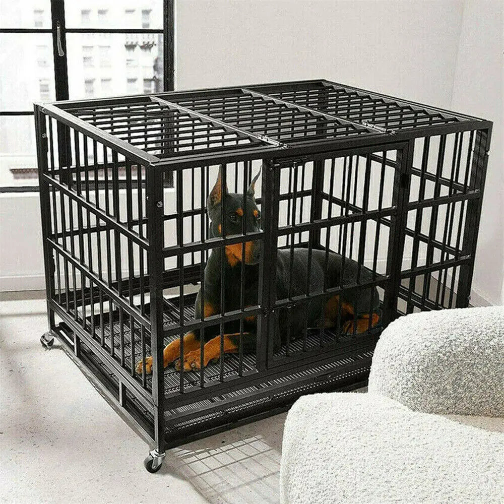 XXL Heavy Duty Dog Crate with 4 Lockable Wheels 3 Doors and Removable Tray Metal Cage Playpen