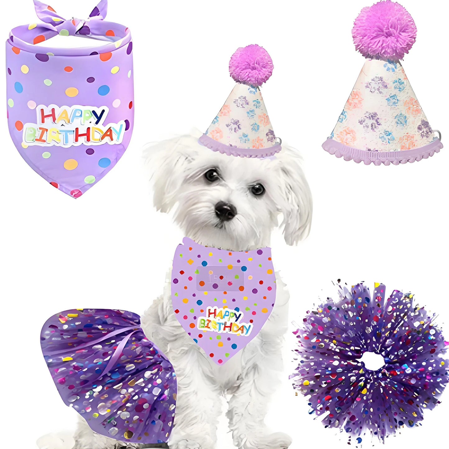 Cute Dog Birthday Costume Set. Adorable Party Hat with Matching Skirt and Scarf for Indoor and Outdoor Celebrations