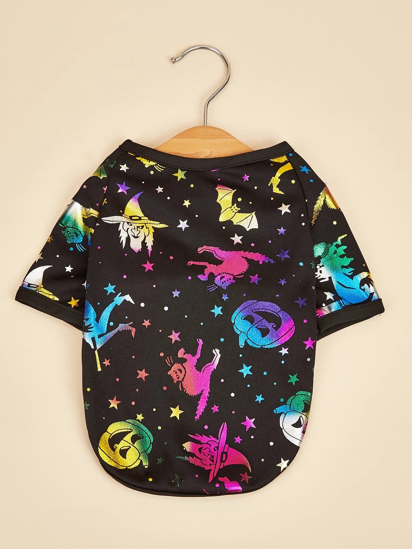 Halloween Dog T-Shirt, Black Short - Sleeve with Colorful Glittery Bats & Pumpkins & Stars Print