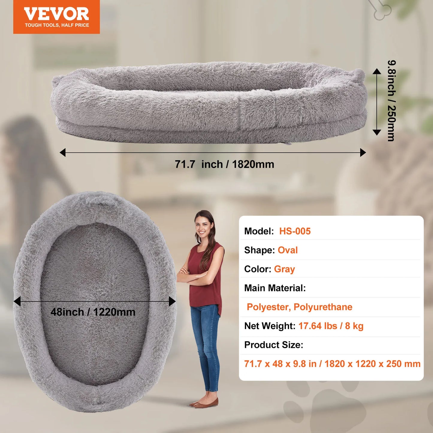 Human Dog Bed for Adult Human Size Dog with Washable Faux Rabbit Fur Cover Egg Orthopedic Foam Grey
