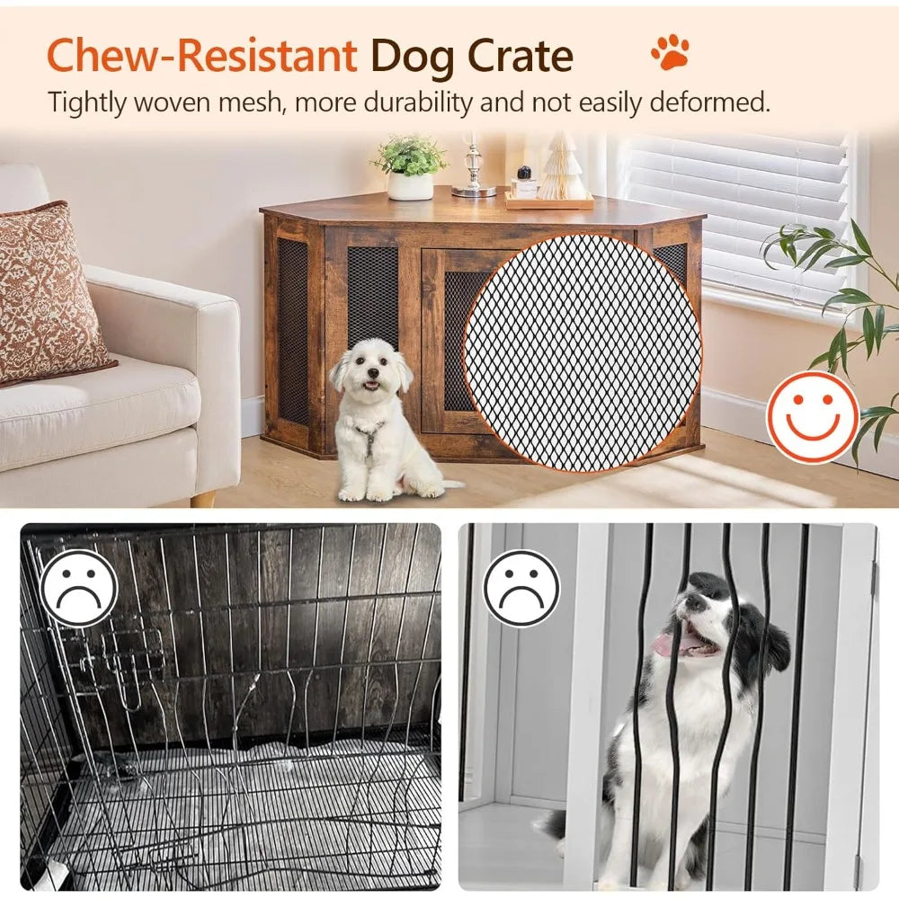 Corner Dog Crate Furniture, Wooden Kennel End Table, Decorative Indoor Use