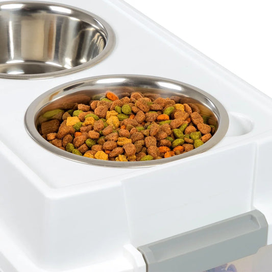 Airtight Pet Food Container. Dog/Cat Food Storage Bin. Treat Box with Bowls Durable Clear Body Easy Access Secure Lid