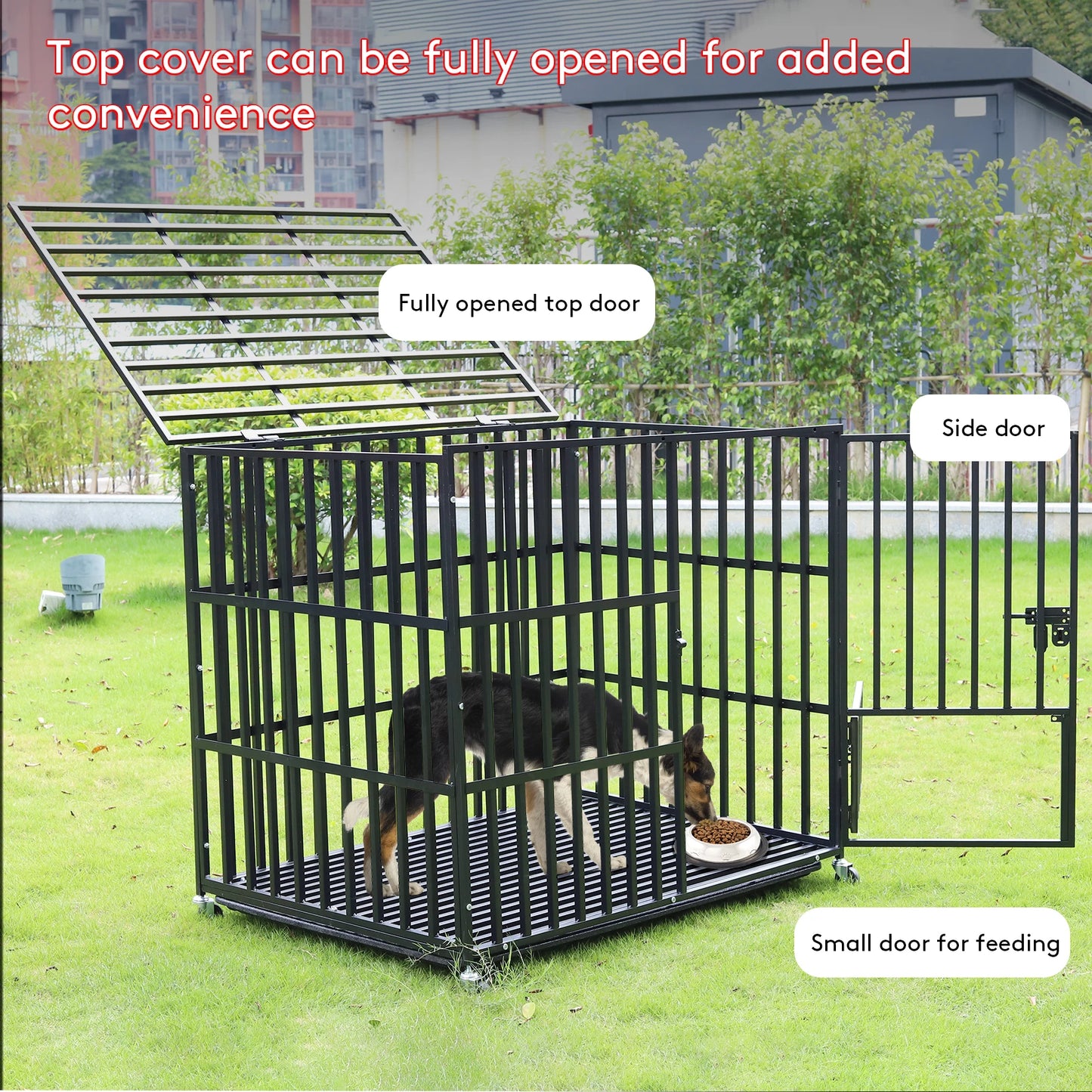 XXL Heavy Duty Dog Crate with 4 Lockable Wheels 3 Doors and Removable Tray Metal Cage Playpen