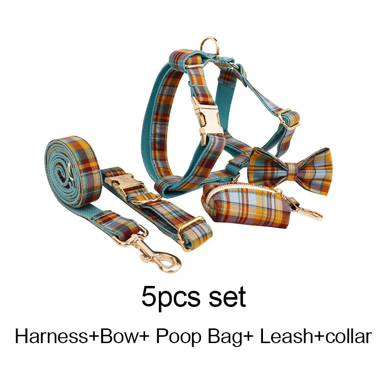 High Quality Custom Design Logo Cotton Pet Accessories Personalized Dog Collar Leashes Harness Bow Set