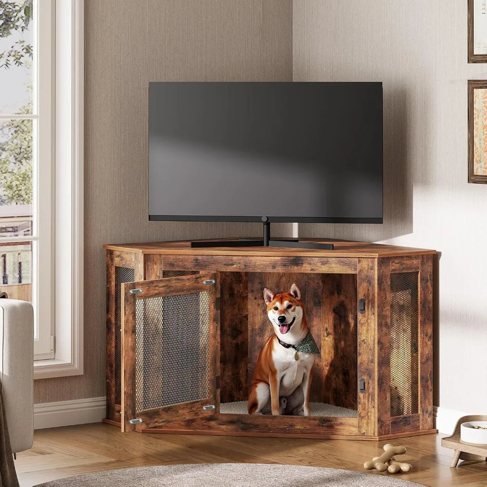 Corner Dog Crate Furniture, Wooden Kennel End Table, Decorative Indoor Use