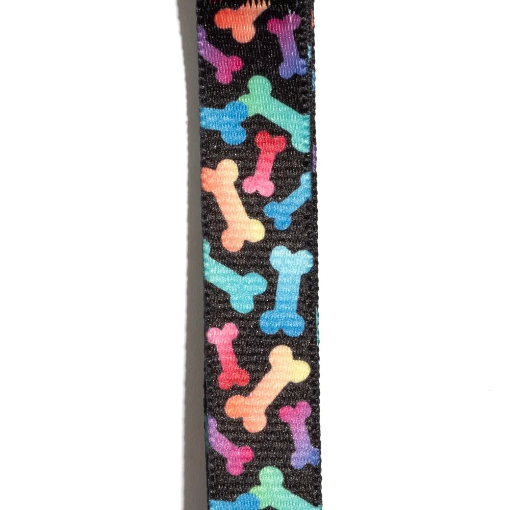 Multicolored Adjustable Dog Collar with Bone Print Pattern. Durable Polyester Easy Clip Leash Attachment