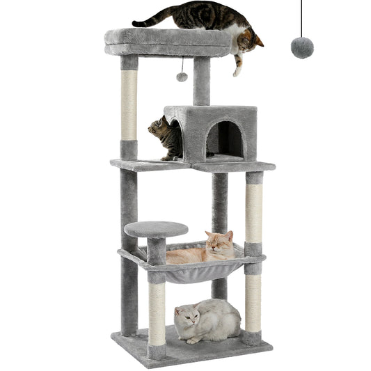 This 5-Level Cat Tree Tower is perfect for large indoor cats to climb, play, and relax. It features sisal-covered scratching posts, a cozy condo, a spacious hammock, and a top perch for ultimate comfort and entertainment.