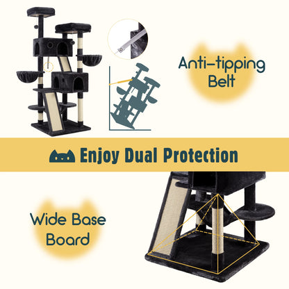 Give your cats the ultimate playground with the 65-inch Multi-Level Cat Tree Tower, featuring cozy plush perches, fun baskets, and durable sisal scratching posts for endless climbing, lounging, and playtime!