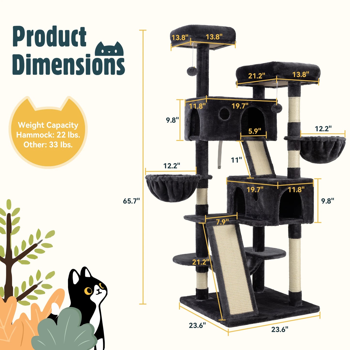 Give your cats the ultimate playground with the 65-inch Multi-Level Cat Tree Tower, featuring cozy plush perches, fun baskets, and durable sisal scratching posts for endless climbing, lounging, and playtime!