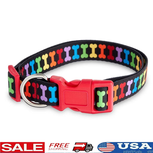 Multicolored Adjustable Dog Collar with Bone Print Pattern. Durable Polyester Easy Clip Leash Attachment