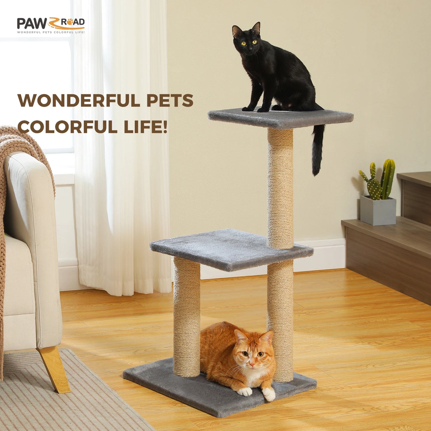 This Cat Tree Tower offers indoor cats endless fun and relaxation. Featuring cat scratching posts, a big hammock, and a removable top perch in two stylish designs, it’s perfect for climbing, lounging, and playtime in comfor