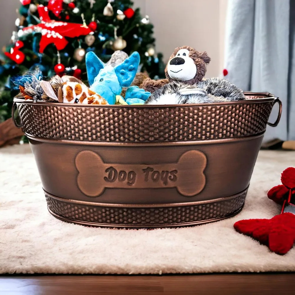 Metal Dog Toy Bin - Copper Galvanized Storage Bin with Handles, Dog Toy Box for Dog Chew Toys