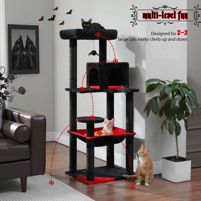 This 5-Level Cat Tree Tower is perfect for large indoor cats to climb, play, and relax. It features sisal-covered scratching posts, a cozy condo, a spacious hammock, and a top perch for ultimate comfort and entertainment.