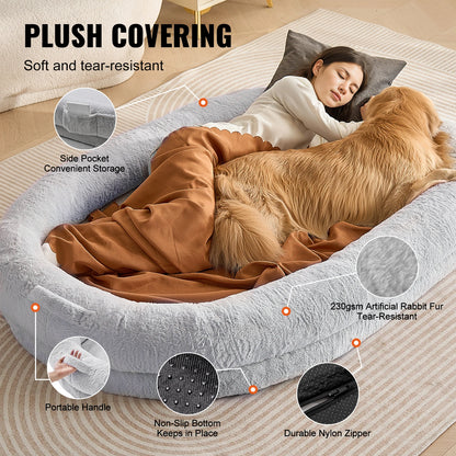 Human Dog Bed for Adult Human Size Dog with Washable Faux Rabbit Fur Cover Egg Orthopedic Foam Grey