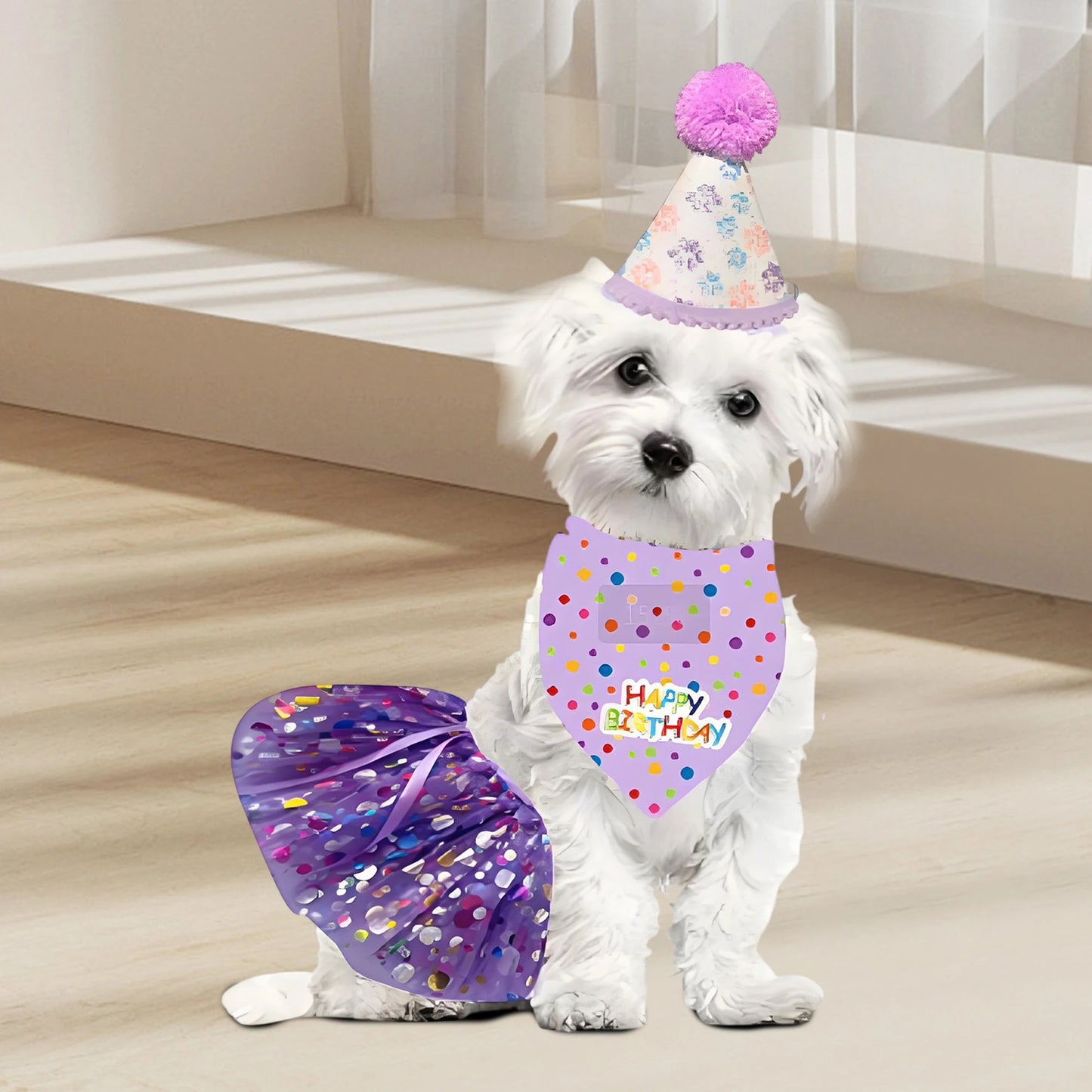 Cute Dog Birthday Costume Set. Adorable Party Hat with Matching Skirt and Scarf for Indoor and Outdoor Celebrations