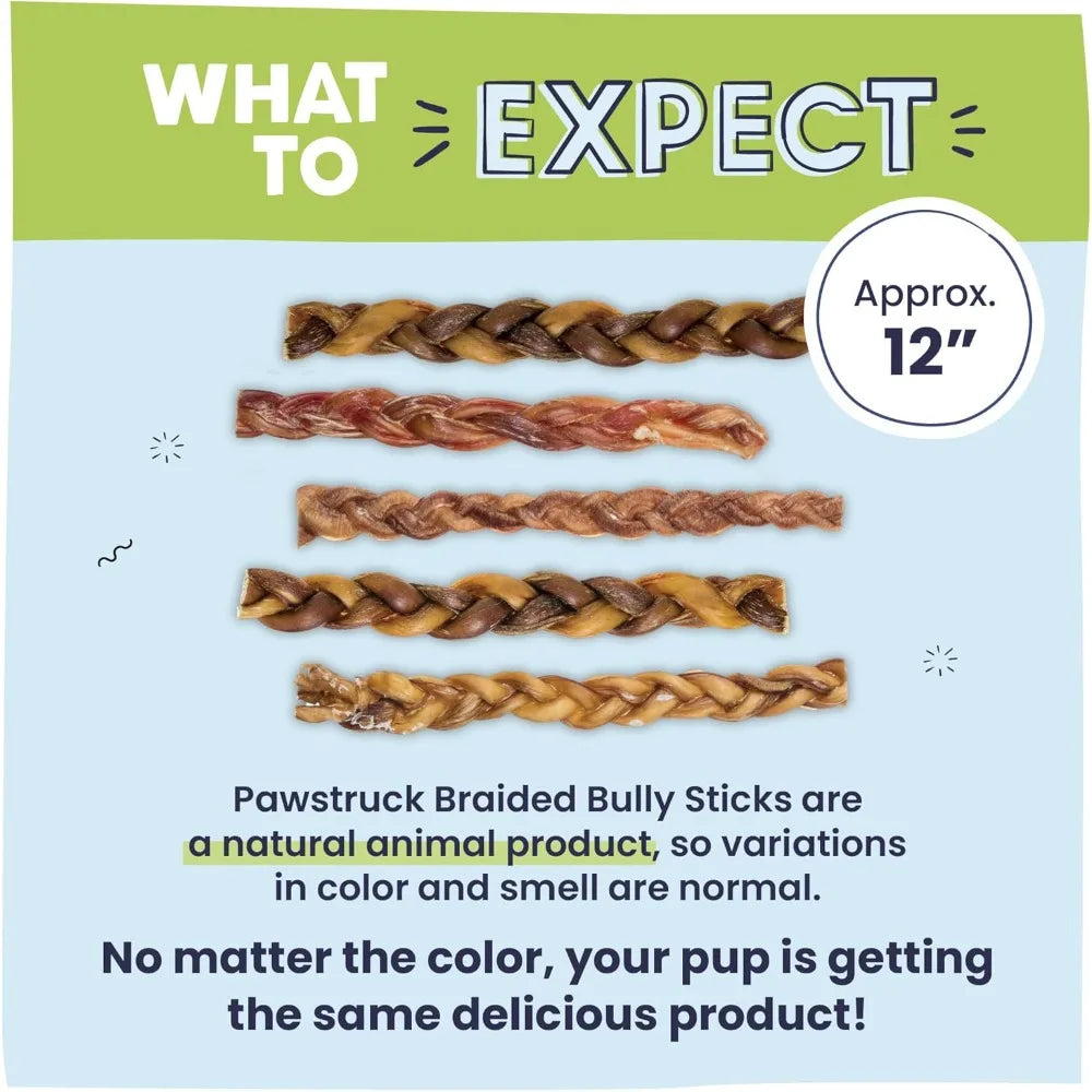 Natural 12" Braided Bully Sticks for Dogs – Tough, Long-Lasting, Rawhide-Free, Low-Odor, Single Ingredient Chew Treat