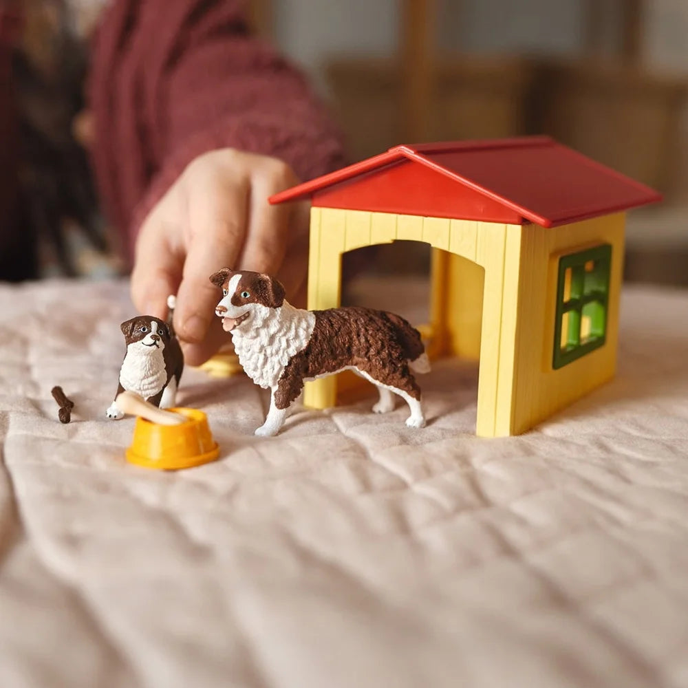 Friendly Dog House Playset with Australian Shepherd Figurines Toy Bone Dog Dish Puppy Accessories Indoor Outdoor Fun