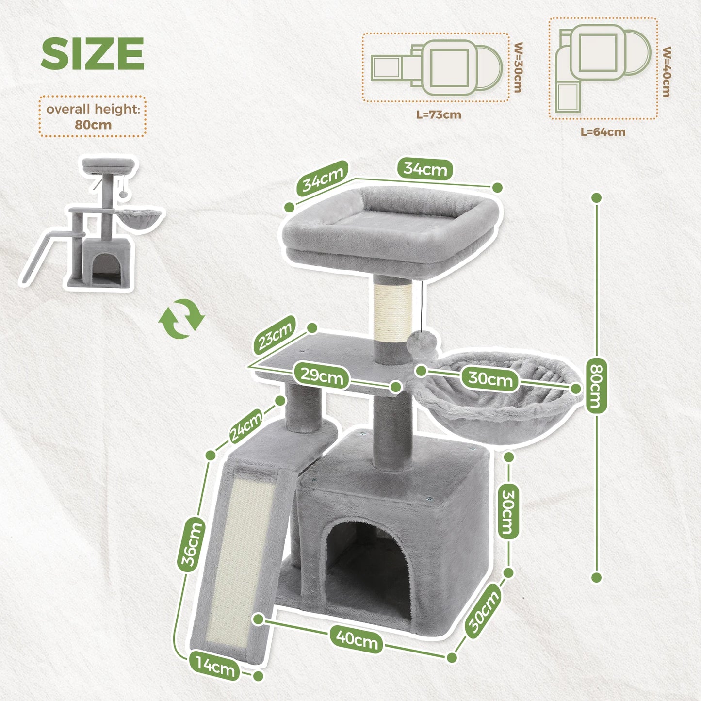 This Cat Tree Tower offers indoor cats endless fun and relaxation. Featuring cat scratching posts, a big hammock, and a removable top perch in two stylish designs, it’s perfect for climbing, lounging, and playtime in comfor