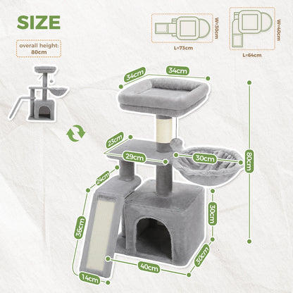 This Cat Tree Tower offers indoor cats endless fun and relaxation. Featuring cat scratching posts, a big hammock, and a removable top perch in two stylish designs, it’s perfect for climbing, lounging, and playtime in comfor