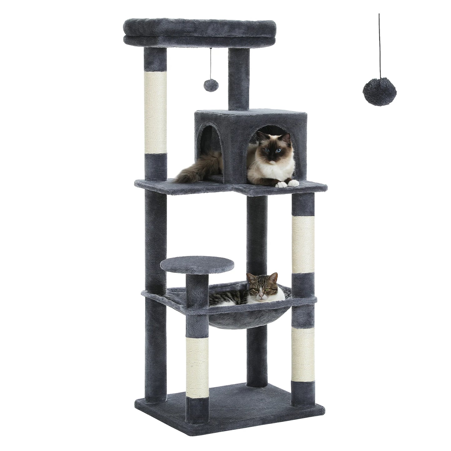 This 5-Level Cat Tree Tower is perfect for large indoor cats to climb, play, and relax. It features sisal-covered scratching posts, a cozy condo, a spacious hammock, and a top perch for ultimate comfort and entertainment.