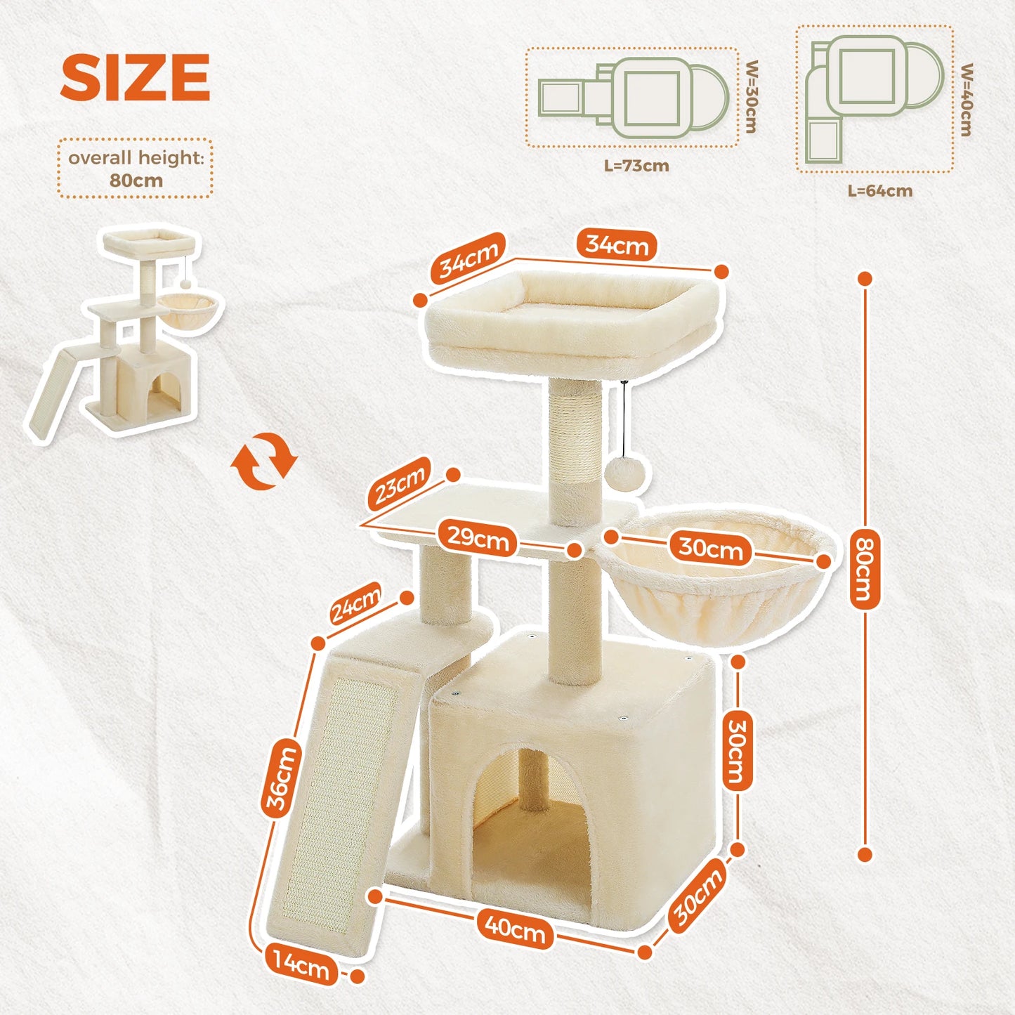 This Cat Tree Tower offers indoor cats endless fun and relaxation. Featuring cat scratching posts, a big hammock, and a removable top perch in two stylish designs, it’s perfect for climbing, lounging, and playtime in comfor