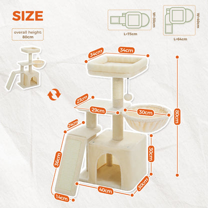 This Cat Tree Tower offers indoor cats endless fun and relaxation. Featuring cat scratching posts, a big hammock, and a removable top perch in two stylish designs, it’s perfect for climbing, lounging, and playtime in comfor