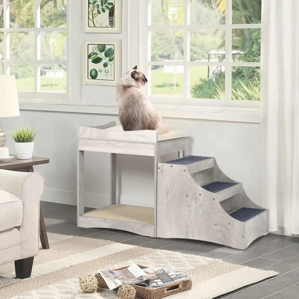 A Pet Bunk Bed with Removable Step for Dogs and Cats, Multi Level, Platform with Cushion