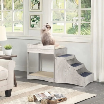 A Pet Bunk Bed with Removable Step for Dogs and Cats, Multi Level, Platform with Cushion