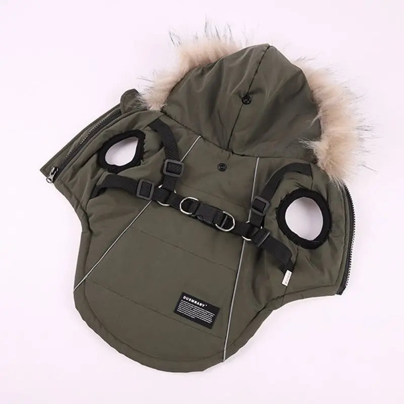 Autumn Winter Warm Pet Jacket With Harness. Hooded Padded Coat with Imitation Fur Hat For Small Medium Dogs