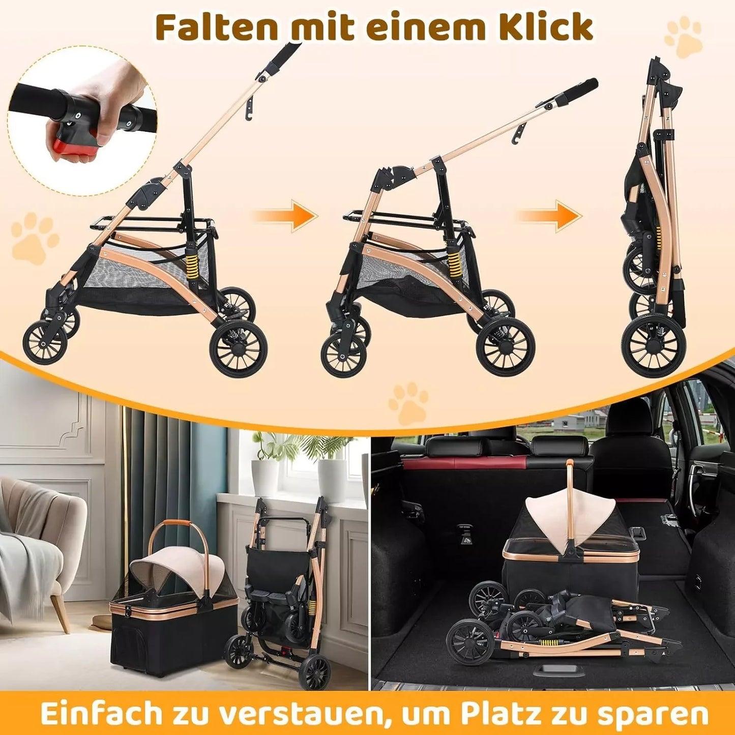 Dog Buggy 2 in 1 Stroller.   Transport Foldable Cat Stroller, 360° Wear-resistant Rubber Wheels, with Storage Basket