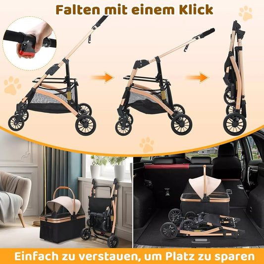 Dog Buggy 2 in 1 Stroller.   Transport Foldable Cat Stroller, 360° Wear-resistant Rubber Wheels, with Storage Basket
