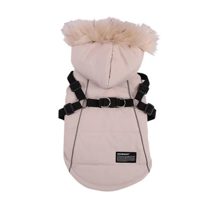 Autumn Winter Warm Pet Jacket With Harness. Hooded Padded Coat with Imitation Fur Hat For Small Medium Dogs