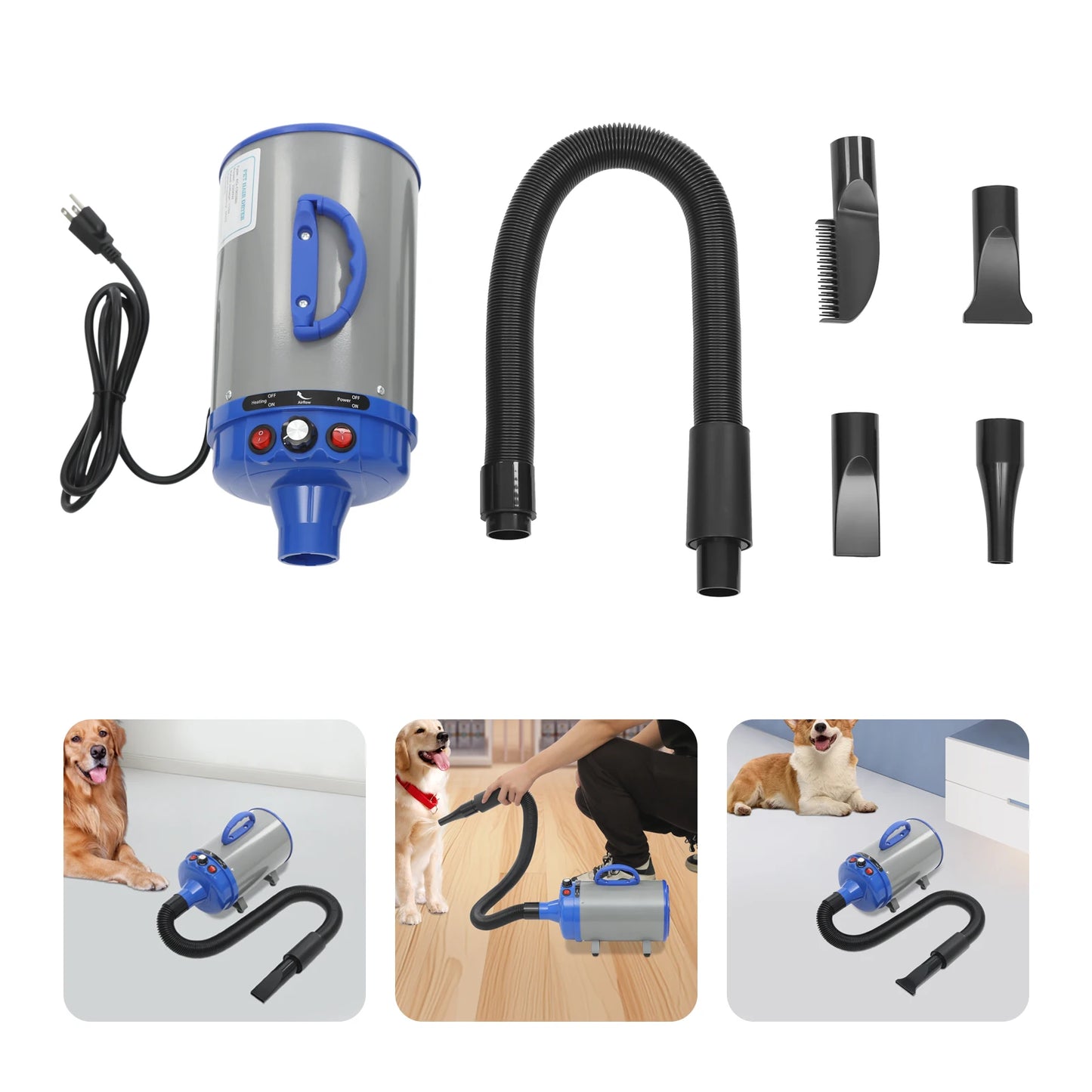 2200W Electric Pets Hair Dryer. Adjustable Wind, Two Temperature Levels, 4 Nozzles Dogs Cats