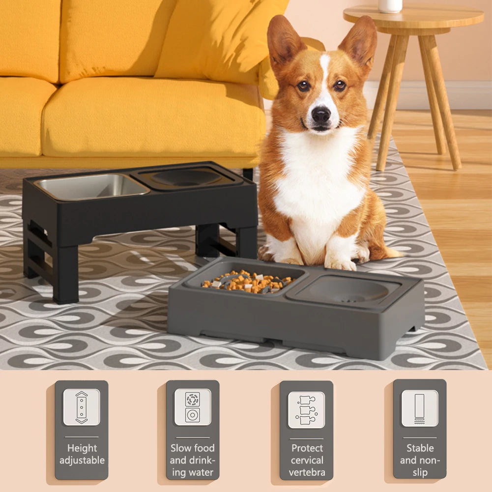 3 In1 Pet Dog Stainless Steel Slow Feed Drinking Water Bowls Anti Knock Adjustable Height