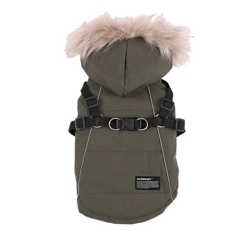 Autumn Winter Warm Pet Jacket With Harness. Hooded Padded Coat with Imitation Fur Hat For Small Medium Dogs