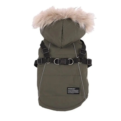 Autumn Winter Warm Pet Jacket With Harness. Hooded Padded Coat with Imitation Fur Hat For Small Medium Dogs