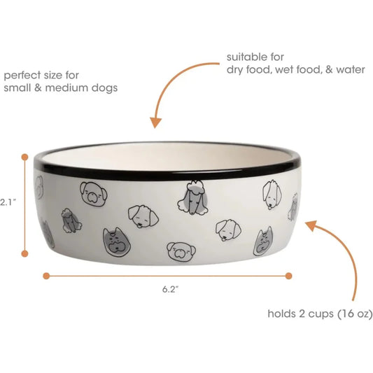 Dog Faces Ceramic Bowl - 2 Cup Capacity Food and, Microwave Dishwasher Safe,