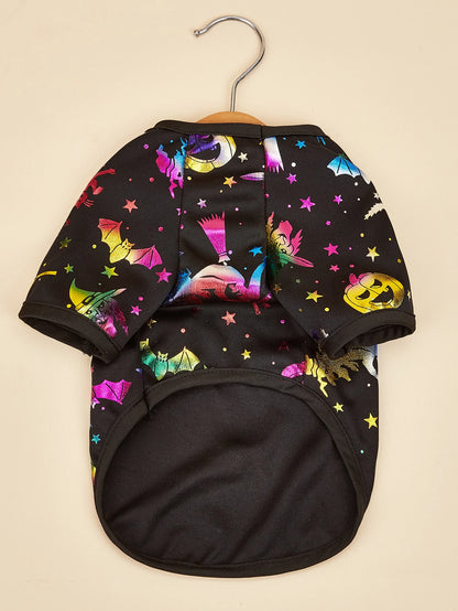 Halloween Dog T-Shirt, Black Short - Sleeve with Colorful Glittery Bats & Pumpkins & Stars Print