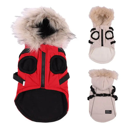 Autumn Winter Warm Pet Jacket With Harness. Hooded Padded Coat with Imitation Fur Hat For Small Medium Dogs