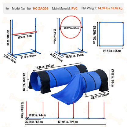 Dog Agility Training Equipment 4 PCS Set with Adjustable High Hurdles  Poles Jump Ring Square Pause Box Whistle