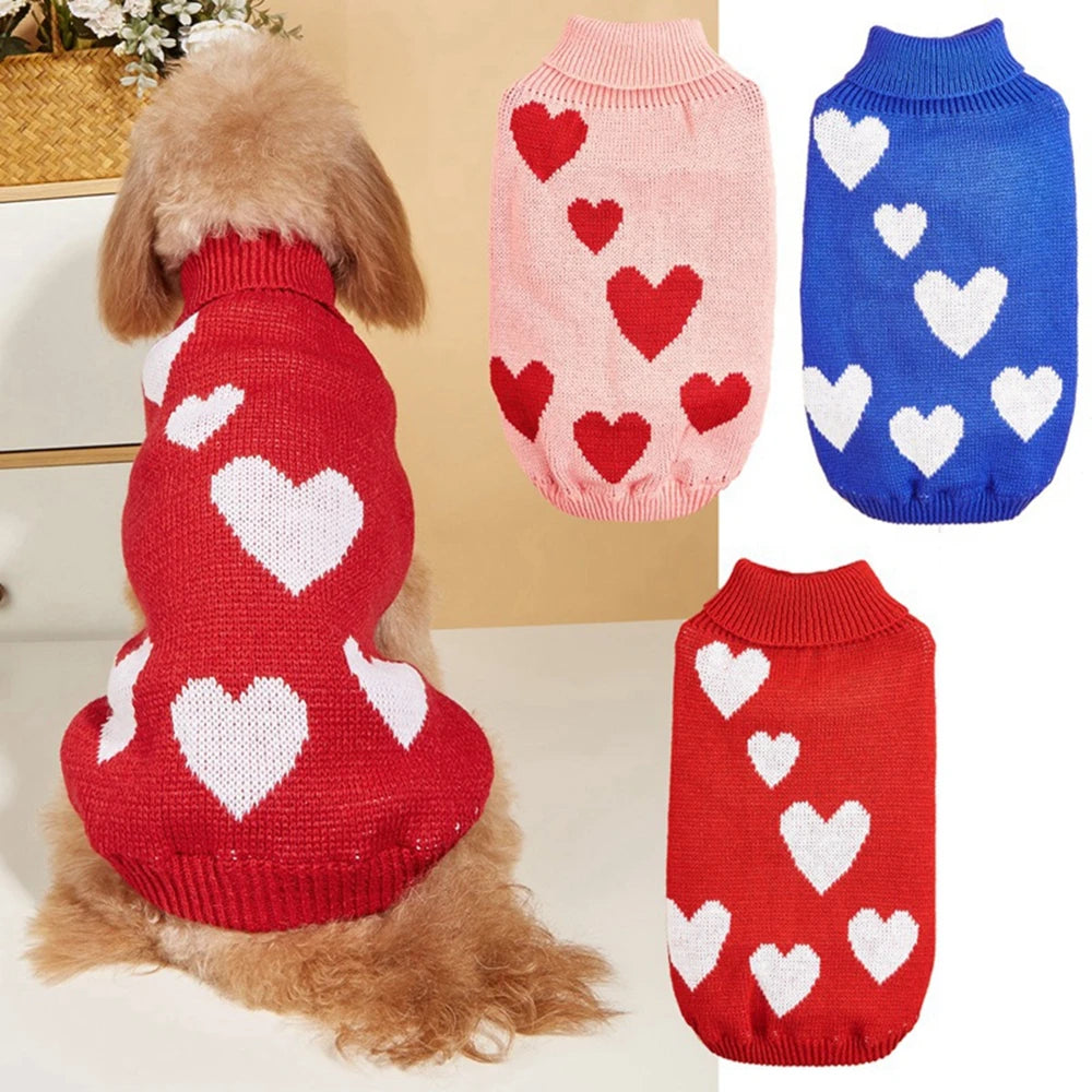 Cute Dog Sweater. Heart Pattern Warm Pet Jumper, Coat Jacket Winter Clothes High Collar Knitwear