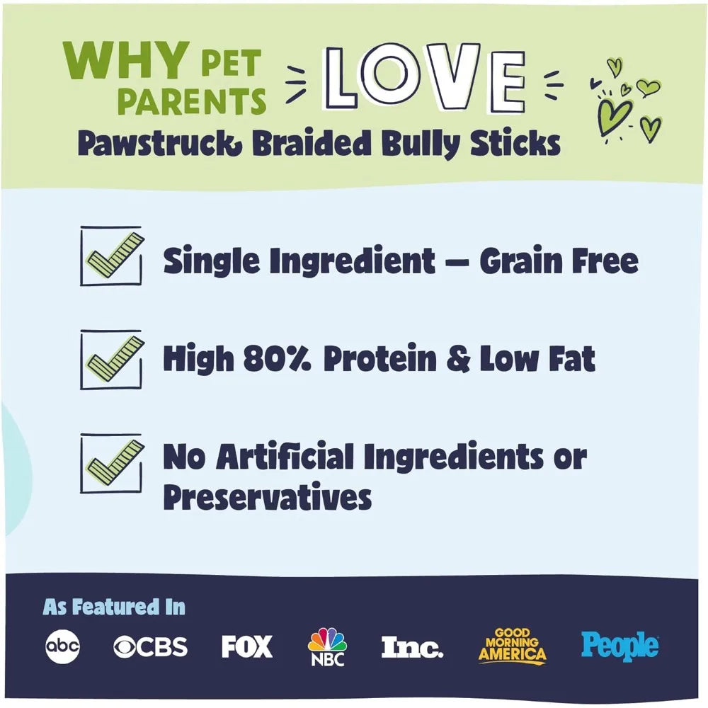 Natural 12" Braided Bully Sticks for Dogs – Tough, Long-Lasting, Rawhide-Free, Low-Odor, Single Ingredient Chew Treat