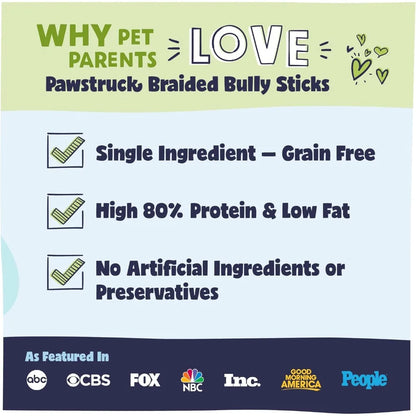 Natural 12" Braided Bully Sticks for Dogs – Tough, Long-Lasting, Rawhide-Free, Low-Odor, Single Ingredient Chew Treat