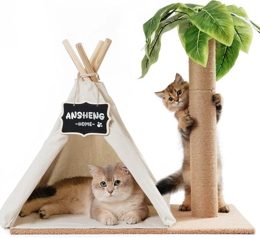 This 60cm tall Cat Scratching Post Teepee combines play, rest, and style in one unique design. Featuring simulated leaves, a sturdy scratcher post, and a cozy bed tent, it’s the perfect indoor retreat for your cat to scratc