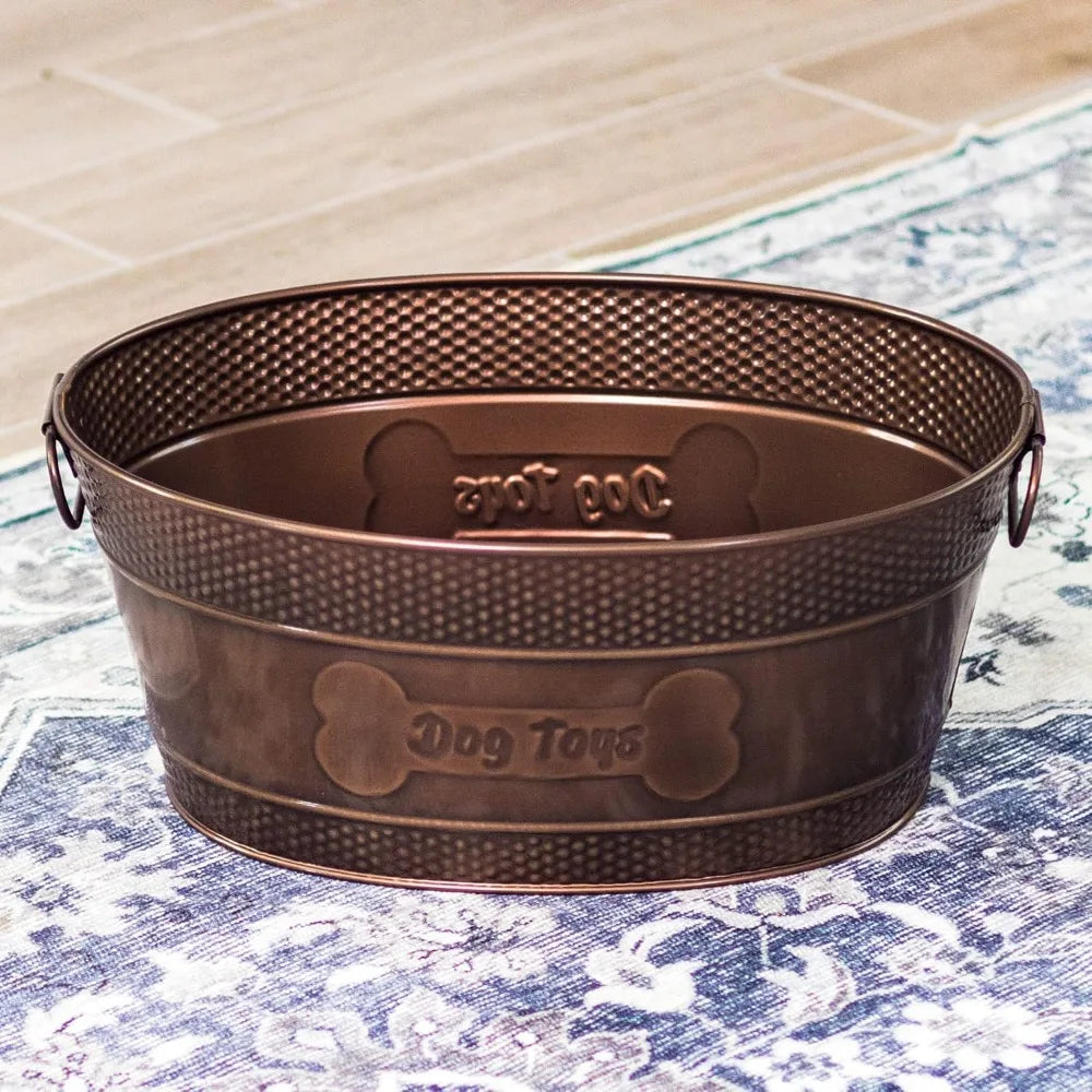 Metal Dog Toy Bin - Copper Galvanized Storage Bin with Handles, Dog Toy Box for Dog Chew Toys